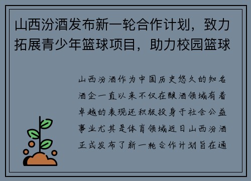 山西汾酒发布新一轮合作计划，致力拓展青少年篮球项目，助力校园篮球发展
